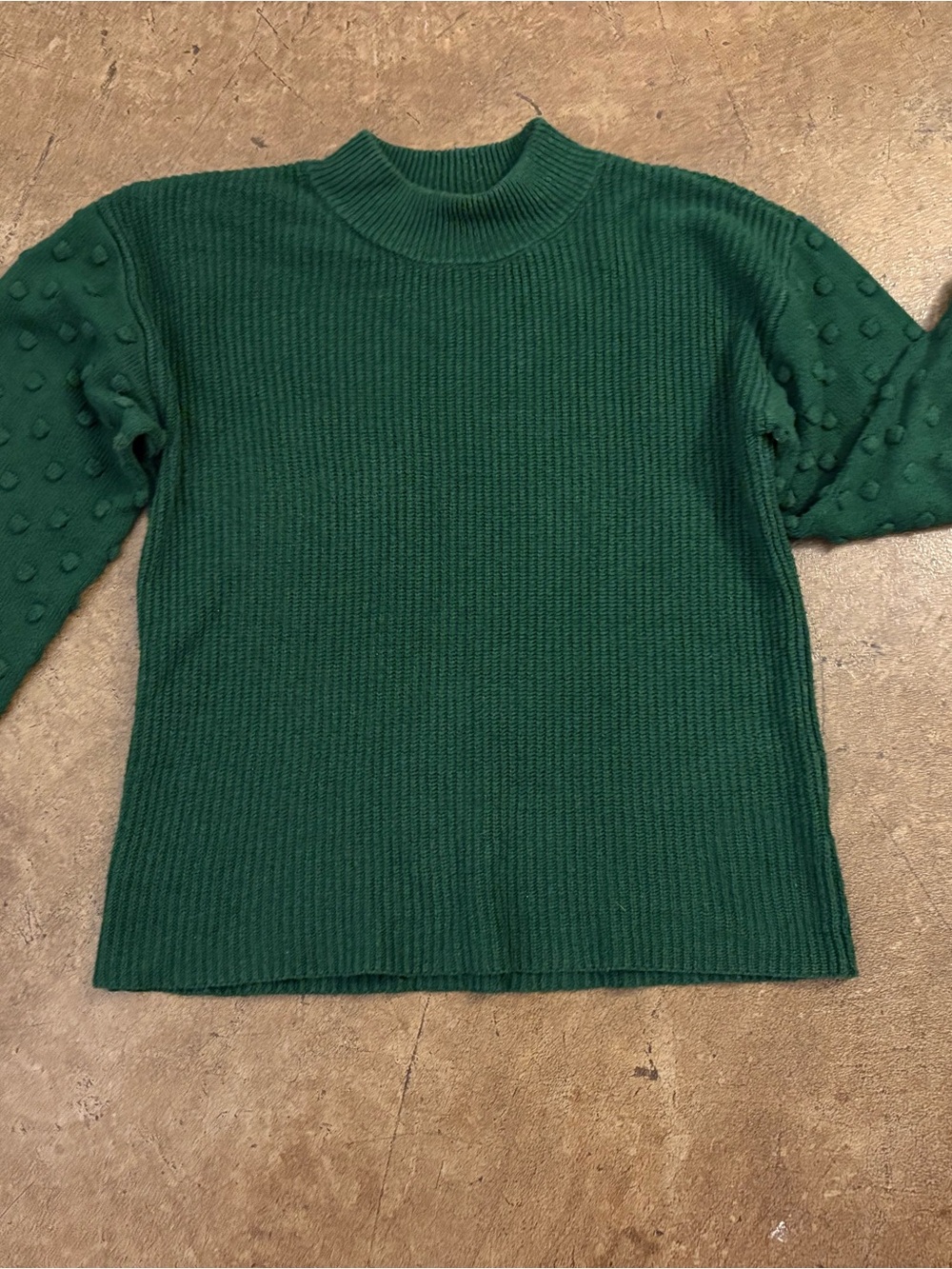 CeCe Deep Green Ribbed Mock Neck Sweater with Pom-Dot Sleeves